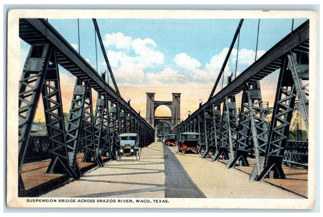 c1920 Suspension Bridge Across Brazos Classic Cars River Waco Texas TX Postcard