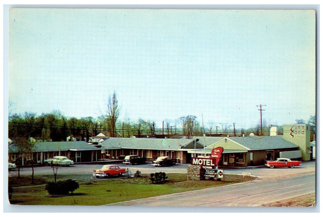 c1960 Birds Eye View Sun N' Sand Motel Building Plattsburgh New York NY Postcard
