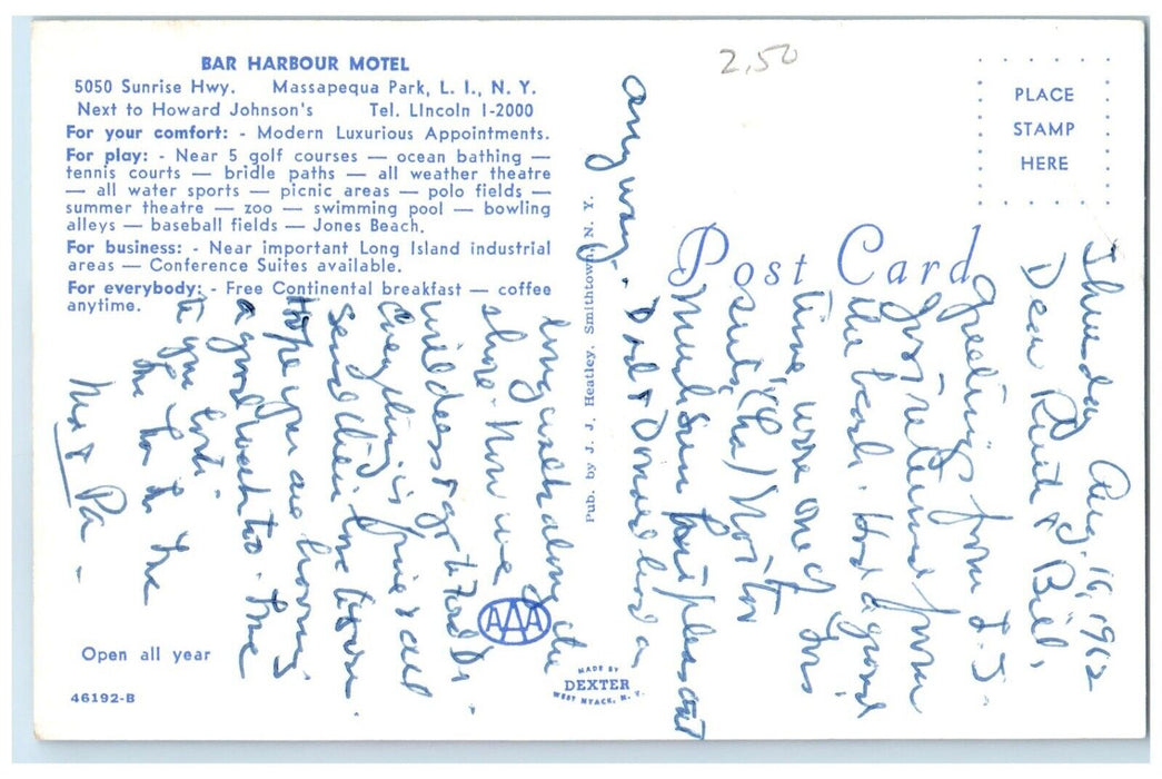 c1960's Bar Harbour Motel Massapequa Park Long Island New York NY Postcard