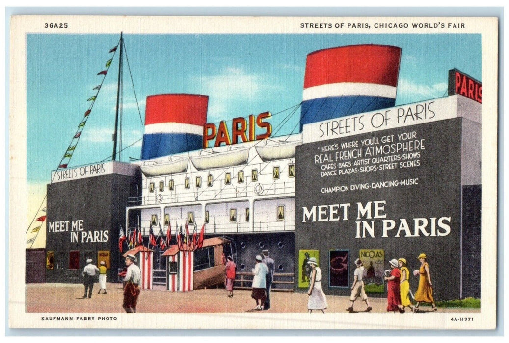 1933 Exterior View Streets Paris Chicago Worlds Fair Illinois IL Linen Postcard