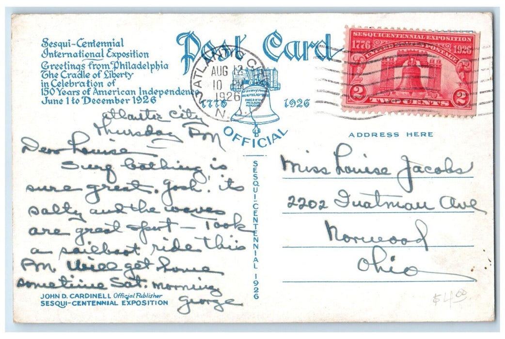 1926 Sesqui Centennial International Exposition Pennsylvania PA Vintage Postcard