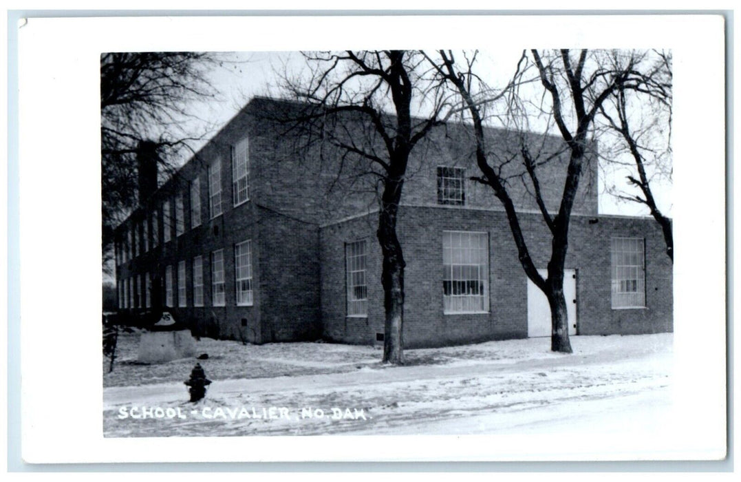 c1940s School Building Winter Scene Cavalier North Dakota ND RPPC Photo Postcard
