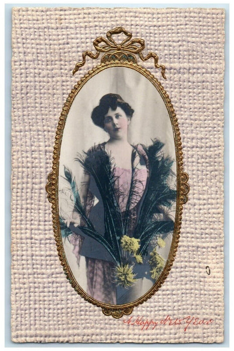 1909 New Year Pretty Woman Feather Embossed New York NY Tuck's Antique Postcard