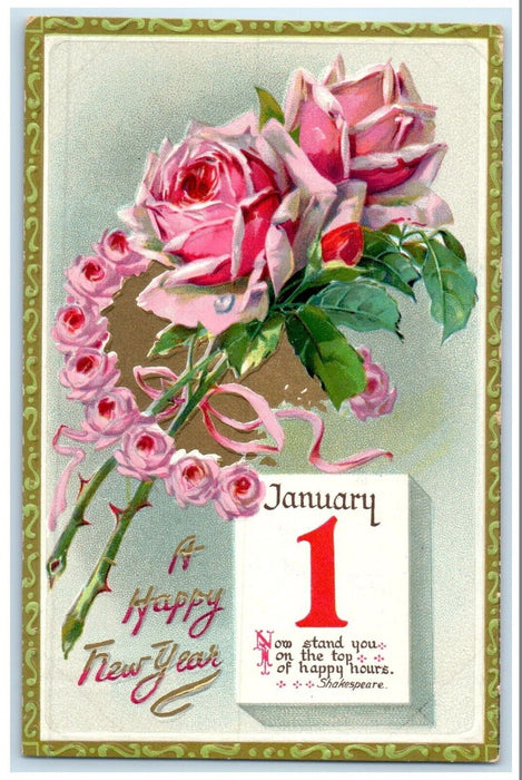 New Year January 1 Calendar Roses Flowers Embossed Tuck's Antique Postcard