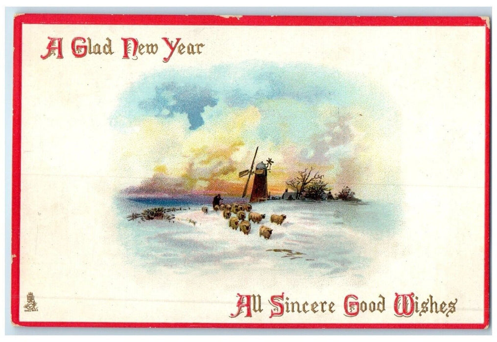 1912 New Year Sheep And Windmill Scene Winter SaranaC Lake NY Antique Postcard