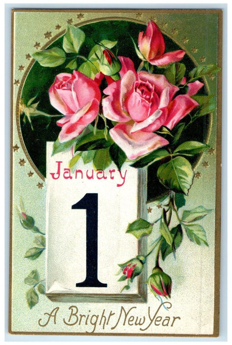 c1910's New Year January 1 Calendar Pink Roses Flowers Embossed Antique Postcard