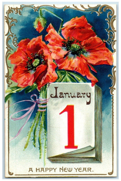 c1910's New Year January 1 Calendar Red Flowers Embossed Antique Postcard