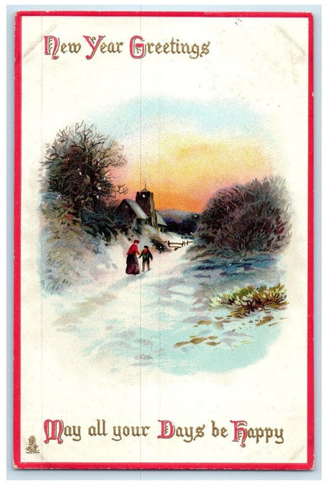 1912 New Year Greetings Mother And Son Winter Scene Tuck's Brooklyn NY Postcard