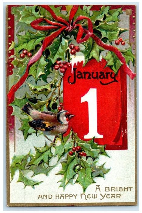 1908 New Year January 1 Calendar Bird Holly Berries Tucks Yarmouth NS Postcard