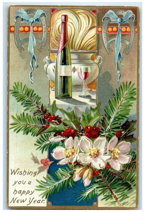 1909 Happy New Year Champagne Horseshoe Berries Flowers Embossed Tuck's Postcard