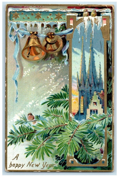 1909 New Year Ringing Bells Song Birds Embossed St. Paul MN Tuck's Postcard