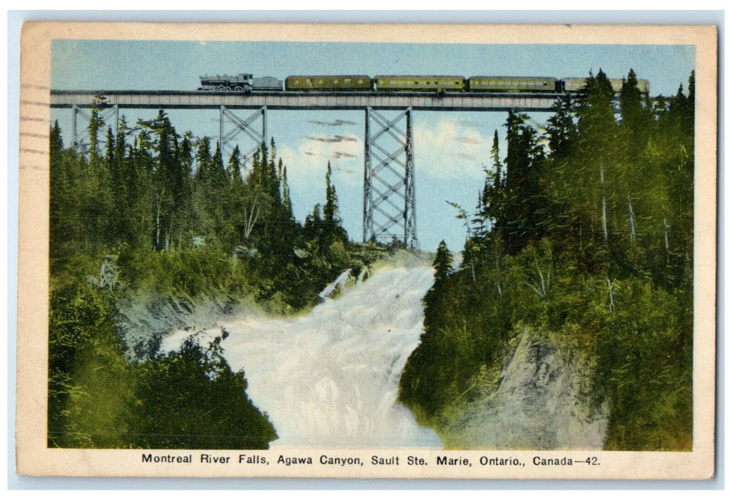 1939 Montreal River Falls Sault Ste Marie Ontario Canada Train Railway Postcard