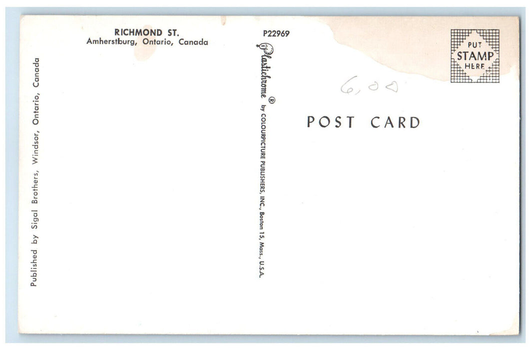 c1960's Richmond Street Amherstburg Ontario Canada Vintage Unposted Postcard