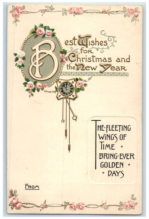 1915 Christmas And New Year Flowers Clock Embossed Tuck's Antique Postcard