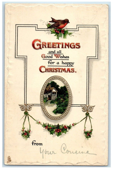 1911 Christmas Greetings Bird Holly Berries Embossed Tuck's Antique Postcard