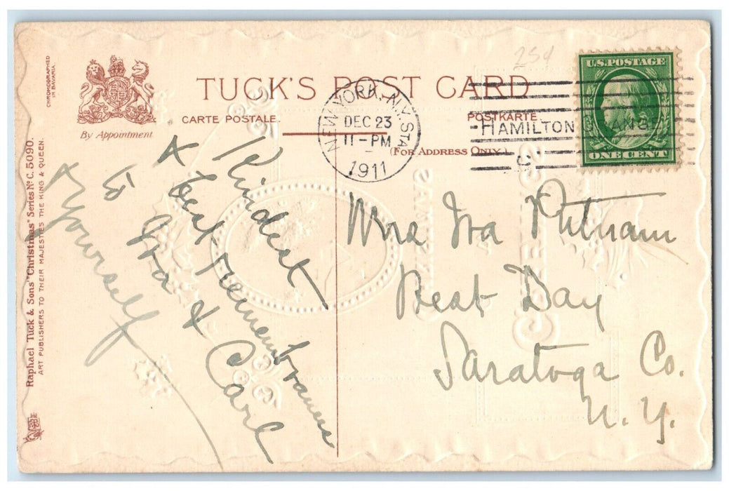 1911 Christmas Greetings Bird Holly Berries Embossed Tuck's Antique Postcard