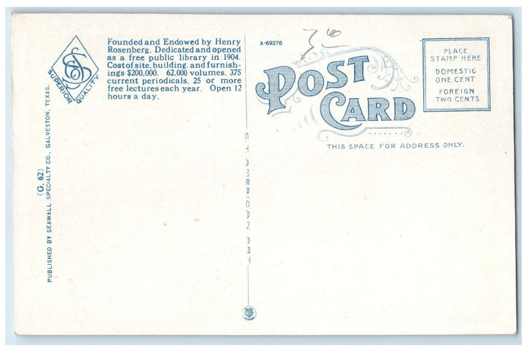 c1920 Rosenberg Day Rosenberg Library Exterior Building Galveston Texas Postcard