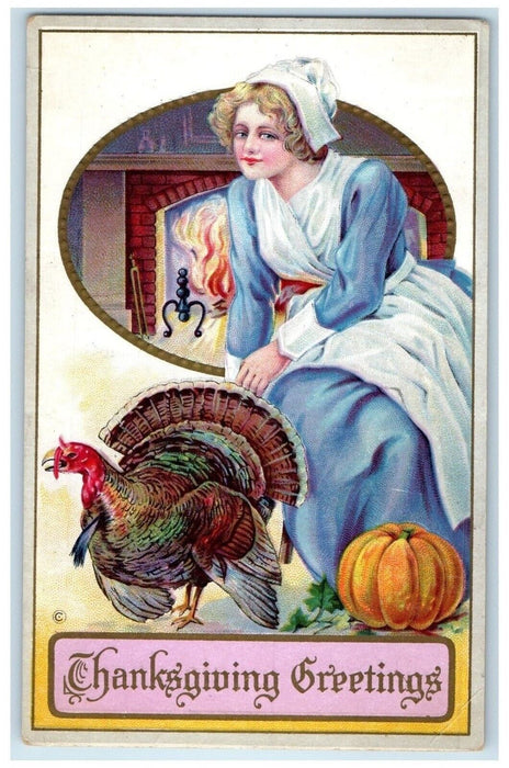 c1910's Thanksgiving Greetings Woman And Turkey Embossed Posted Antique Postcard