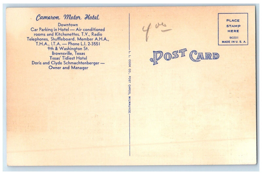 c1940 Cameron Motor Hotel Washington Street Exterior Brownsville Texas Postcard