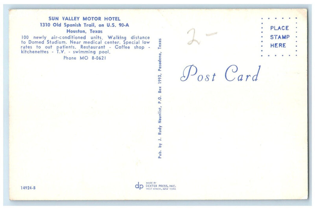 c1960 Sun Valley Motor Hotel Old Spanish Trail Exterior Houston Texas Postcard