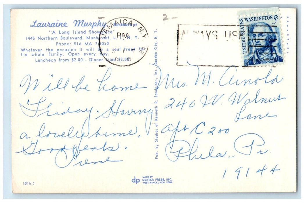 c1950's Laurine Murphy Restaurant Manhasset Long Island New York NY Postcard