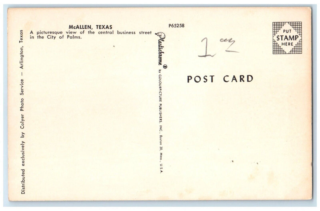 c1960 Picturesque View Central Business Street City Palms McAllen Texas Postcard