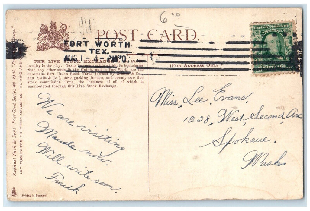 1910 Live Stock Exchange Exterior Building Fort Worth Texas Tuck Sons Postcard