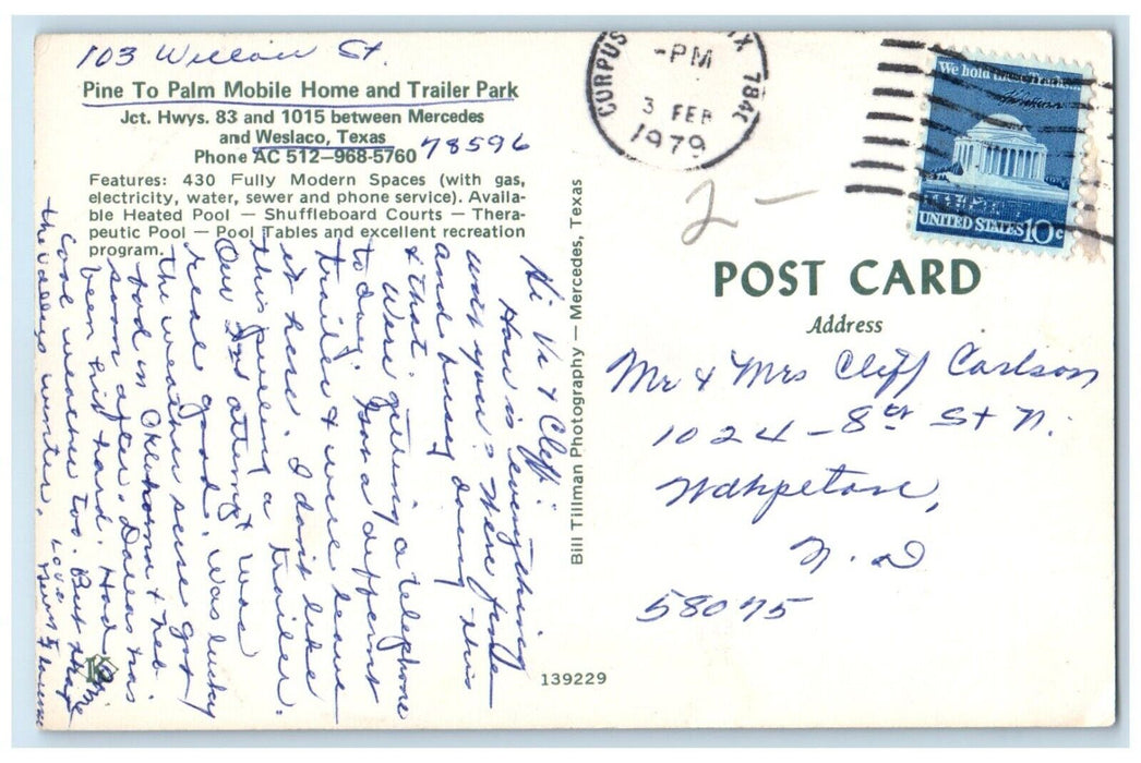 1979 Pine Palm Mobile Home Trailer Park Mercedes Weslaco Texas Vintage Postcard