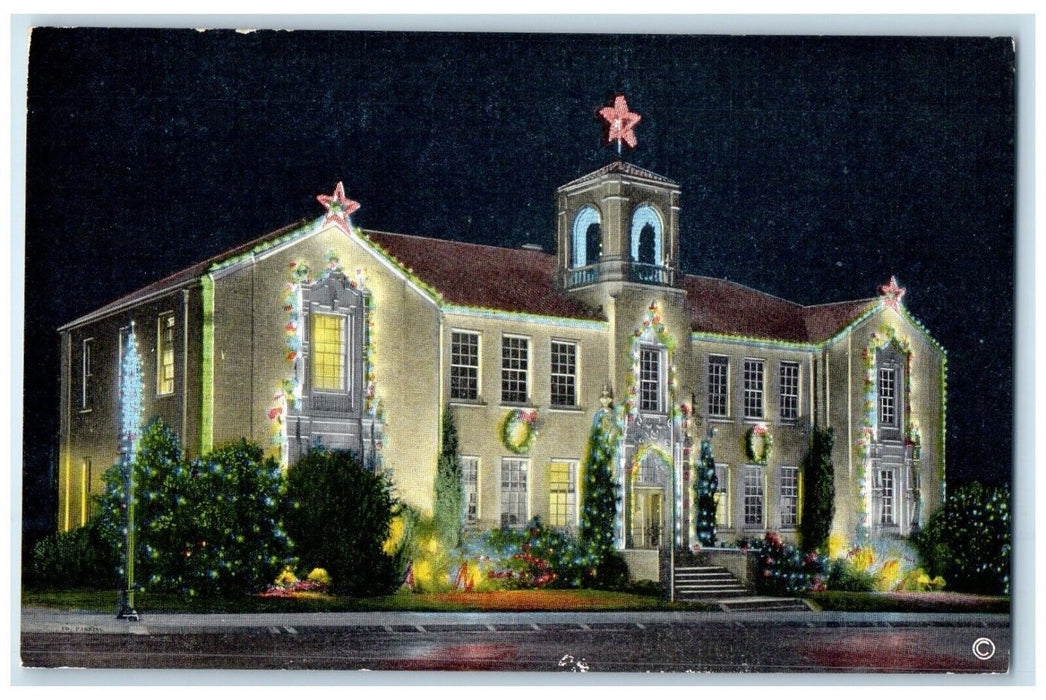 c1940 City Hall Christmas Lighting Building Exterior Road Denton Texas Postcard