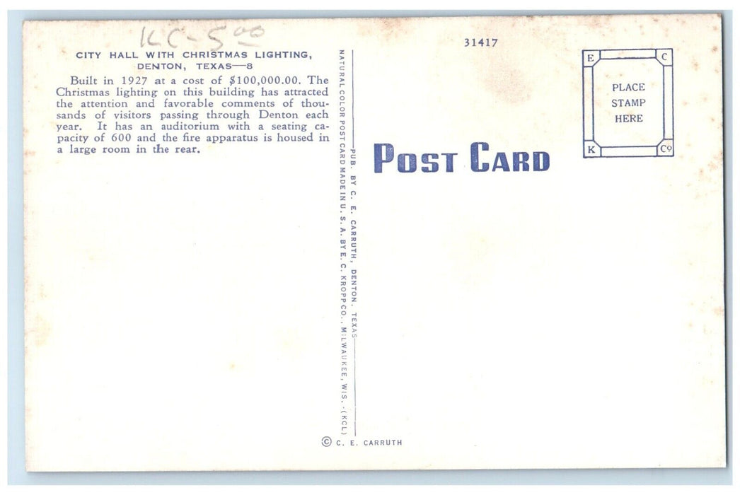 c1940 City Hall Christmas Lighting Building Exterior Road Denton Texas Postcard