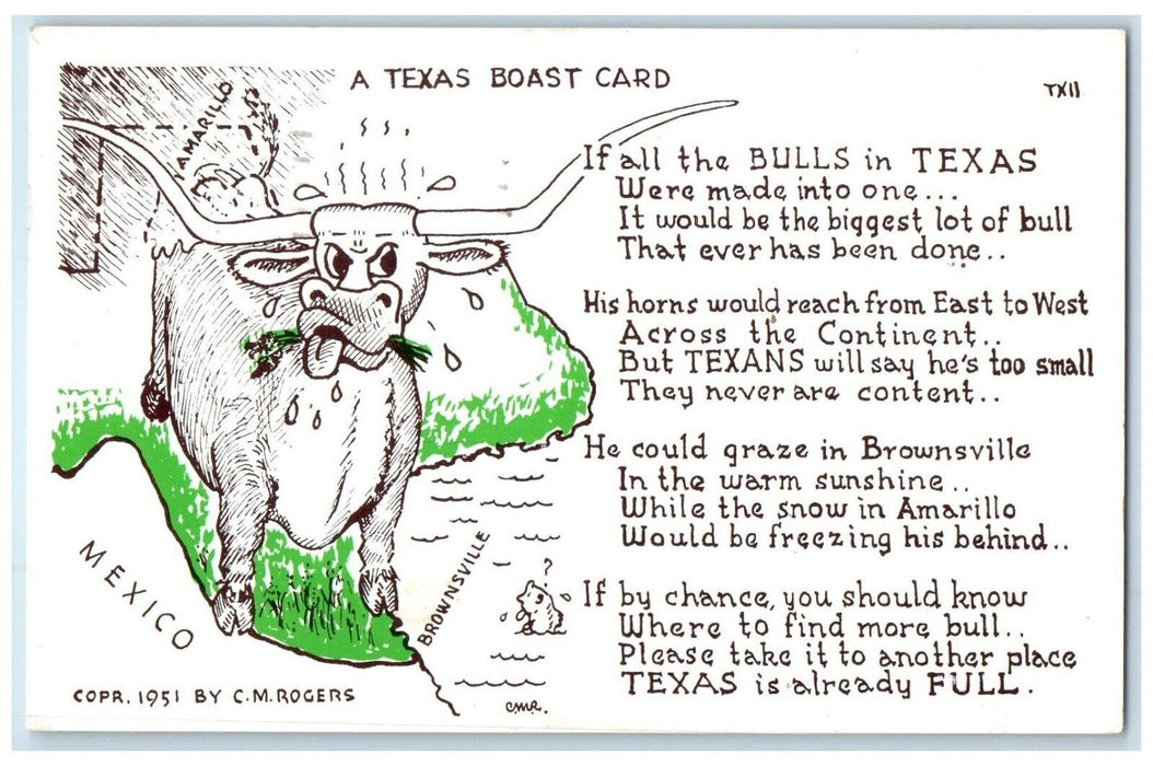 1960 Texas Boast Card Bulls Mostest Biggest Bestests Brownsville Texas Postcard