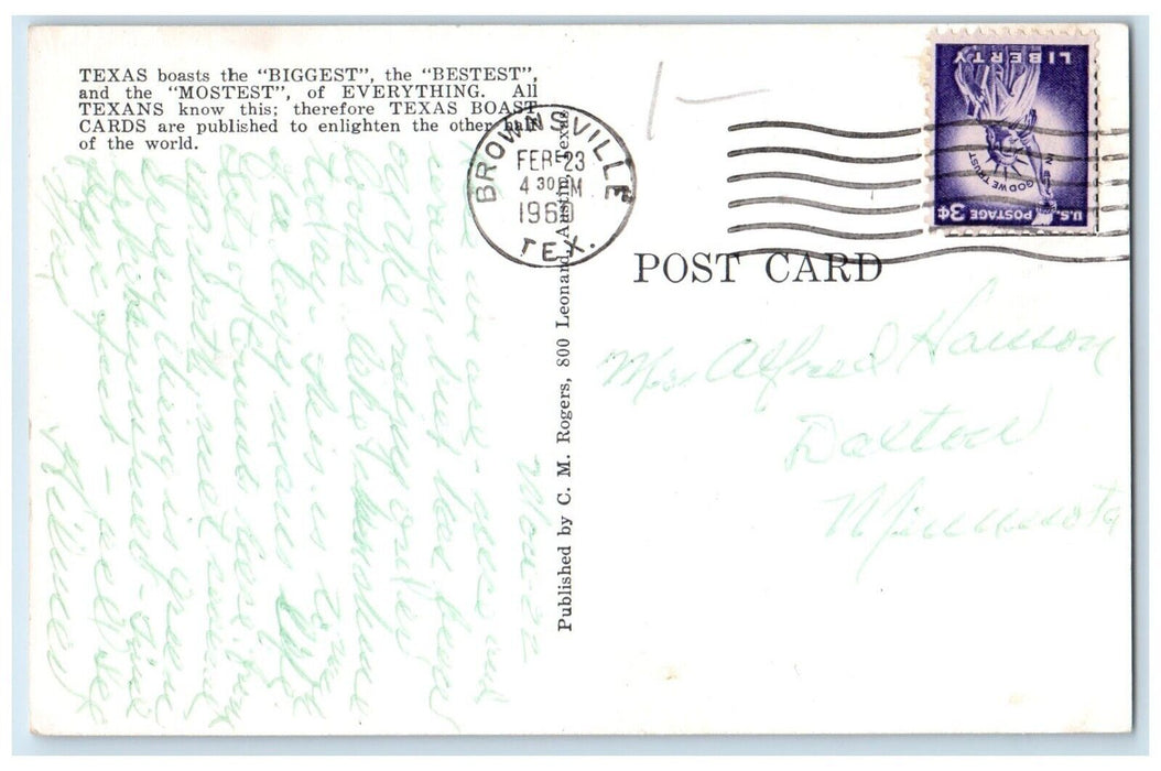 1960 Texas Boast Card Bulls Mostest Biggest Bestests Brownsville Texas Postcard