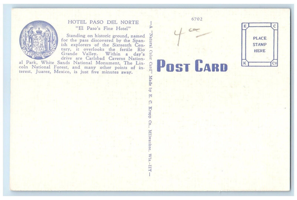 c1940 Hotel Paso Del Norte Historic Ground Rio Grande El Paso Texas TX Postcard