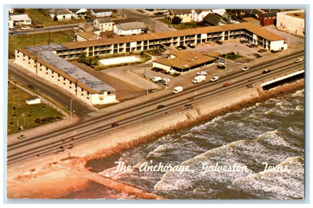 c1960 Aerial View Anchorage Motor Hotel Seawall Blvd. Galveston Texas Postcard