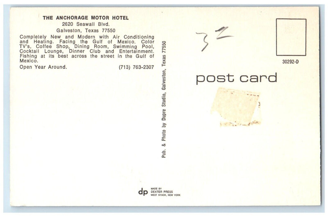 c1960 Aerial View Anchorage Motor Hotel Seawall Blvd. Galveston Texas Postcard
