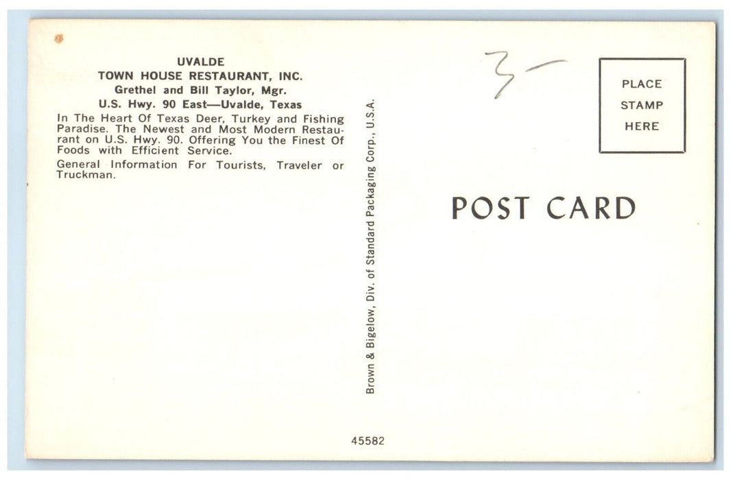 c1960 Uvalde Town House Restaurant Grethel Bill Taylor Uvalde Texas TX Postcard