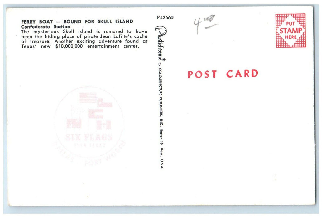 c1960 Six Flags Ferry Boat Bound Skull Island Section Texas TX Vintage Postcard