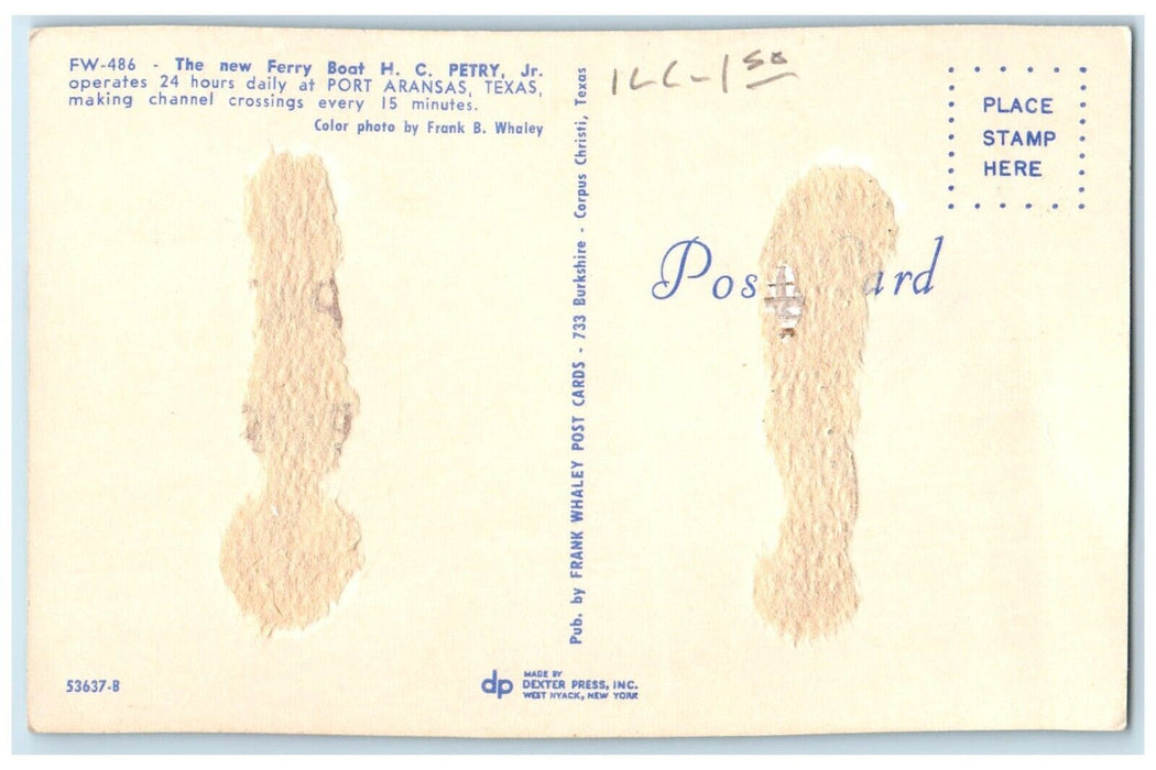 c1960 New Ferry Boat HC Petry Port Channel Crossings Aransas Texas TX Postcard