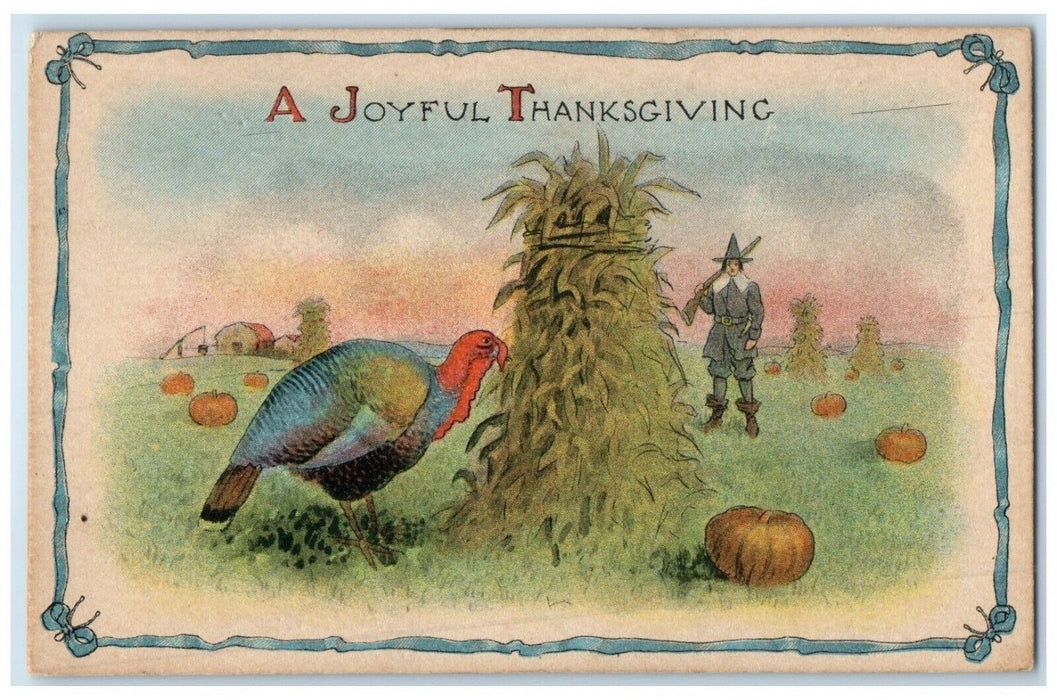 c1910's Thanksgiving Hiding Turkey Scene Farm Field Pumpkin Antique Postcard