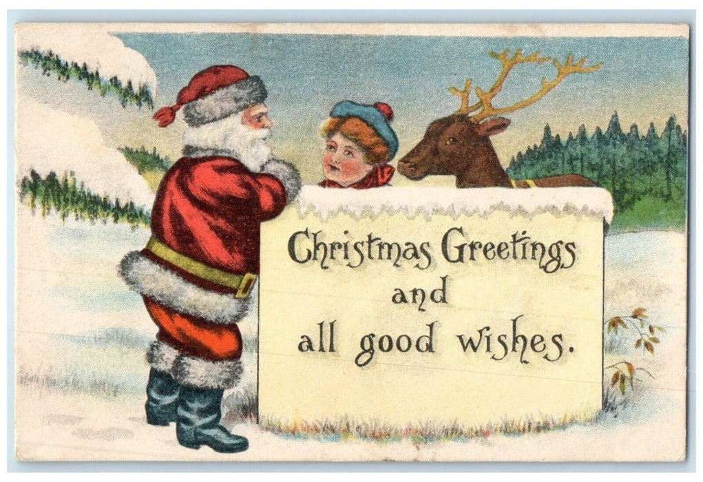 1913 Christmas Greetings Santa Claus Reindeer Winter Racing Wisconsin Postcard