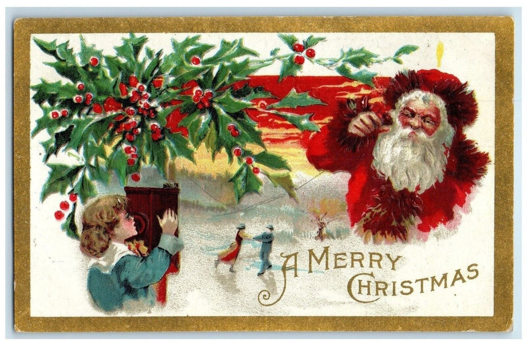 c1910's Christmas Santa Claus Telephone Kid Winter Snow Holly Berries Postcard