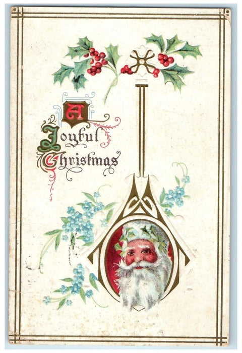 1910 Christmas Santa Claus Flowers Holly Berries Embossed Rushford MN Postcard