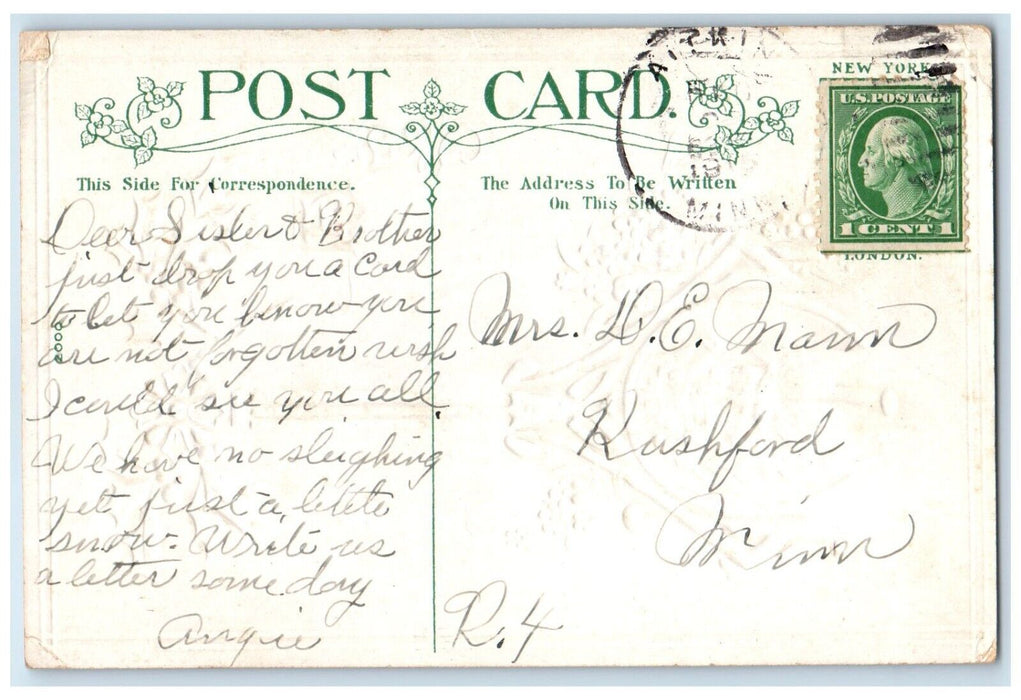 1910 Christmas Santa Claus Flowers Holly Berries Embossed Rushford MN Postcard