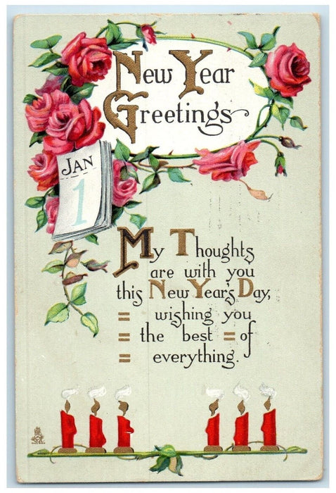 1915 New Year Greetings Jan 1 Roses Flowers Candles Marion IN Tuck's Postcard