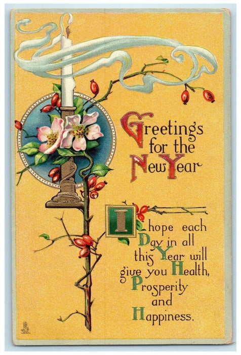 1914 New Year Greetings Flowers Candle Beloit Wisconsin Embossed Tuck's Postcard