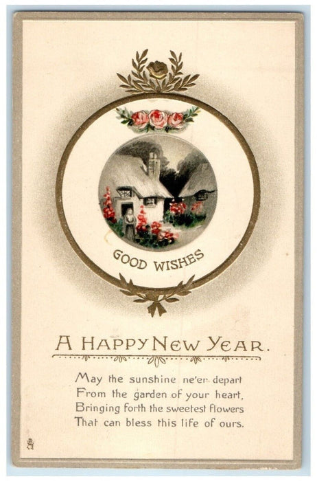 c1910's New Year Good Wishes Flowers House Winter Embossed Tuck's Postcard