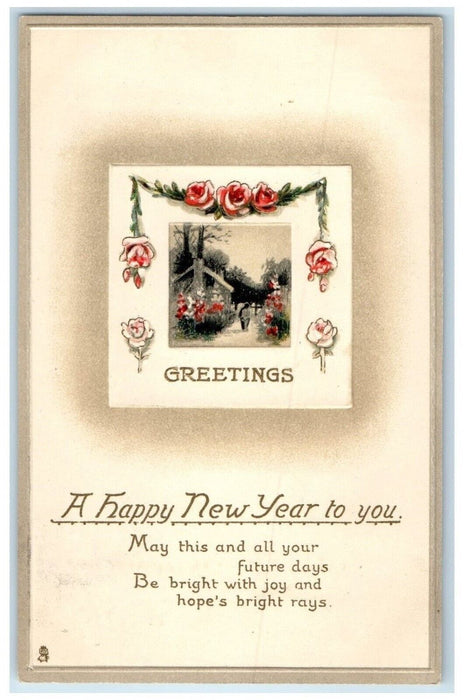 1911 New Year Greetings Flowers House Embossed Brooklyn NY Tuck's Postcard