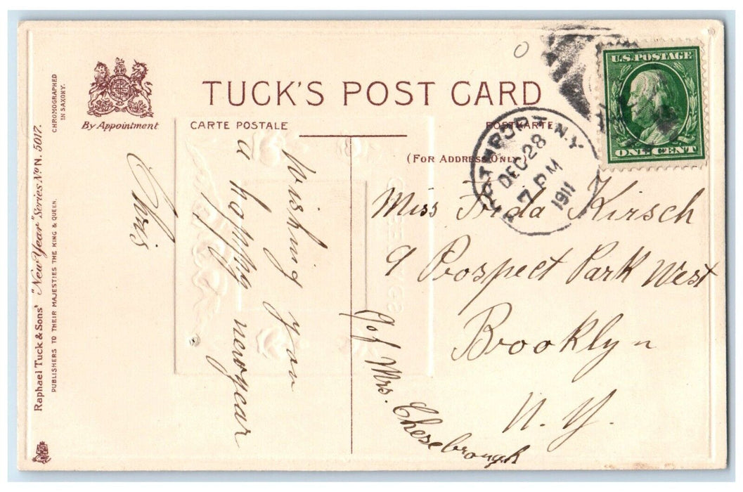 1911 New Year Greetings Flowers House Embossed Brooklyn NY Tuck's Postcard