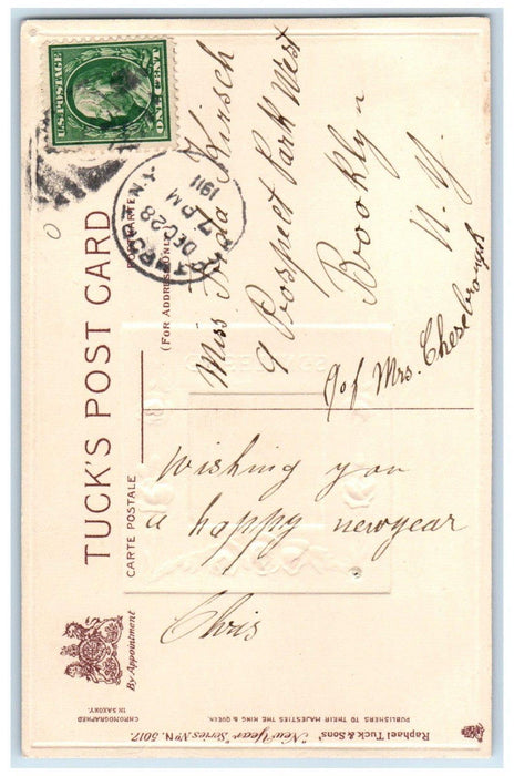 1911 New Year Greetings Flowers House Embossed Brooklyn NY Tuck's Postcard