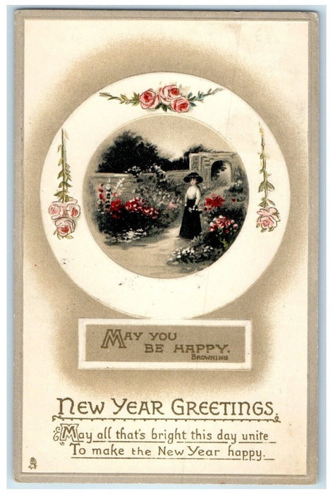 1911 New Year Greetings Woman Flowers Embossed Tuck's Posted Antique Postcard